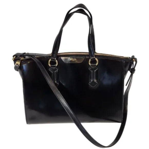 LRL RALPH LAUREN GLAZED LEATHER SATCHEL HAND BAG with GOLD Logo HARDWARE - Picture 2 of 16